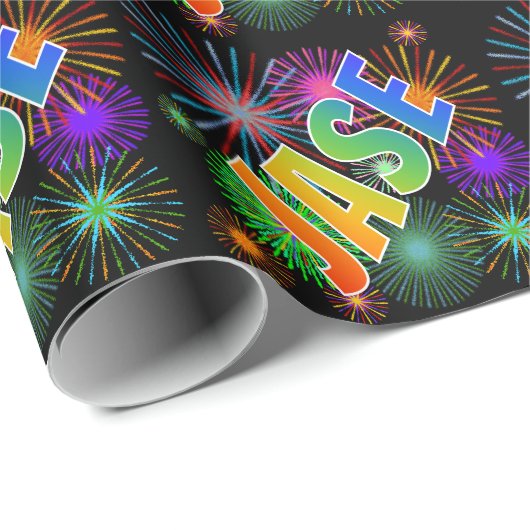 Papier Cadeau Prénom arc-en-ciel "JASE" + feux d'artifice (Coin rond)