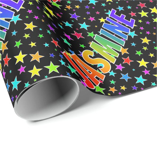 Papier Cadeau Prénom Arc-en-ciel "JASMINE" + Étoiles (Coin rond)