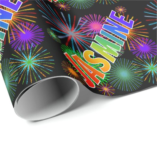 Papier Cadeau Prénom arc-en-ciel "JASMINE" + Feu d'artifice (Coin rond)