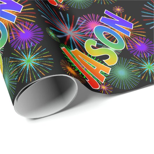 Papier Cadeau Prénom arc-en-ciel "JASON" + Feu d'artifice (Coin rond)