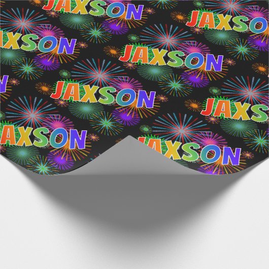 Papier Cadeau Prénom Arc-en-ciel "JAXSON" + Feu d'artifice (Coin)