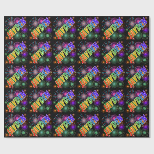 Papier Cadeau Prénom Arc-en-ciel "JAYDEN" + Feu d'artifice (Plat)