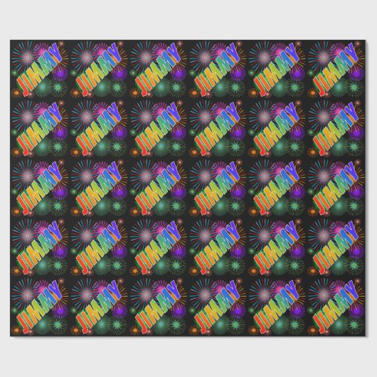 Papier Cadeau Prénom arc-en-ciel "JIMMY" + Feu d'artifice (Plat)