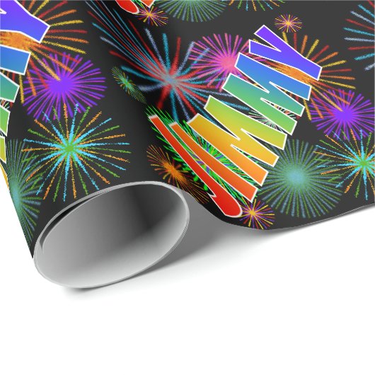 Papier Cadeau Prénom arc-en-ciel "JIMMY" + Feu d'artifice (Coin rond)