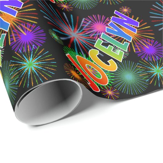 Papier Cadeau Prénom Arc-en-ciel "JOCELYN" + Feu d'artifice (Coin rond)