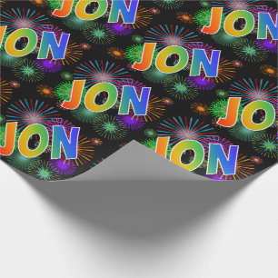 Papier Cadeau Prénom arc-en-ciel "JON" + Feux d'artifice