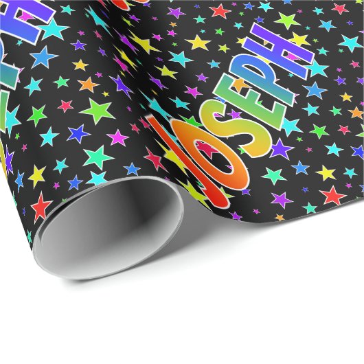 Papier Cadeau Prénom arc-en-ciel "JOSEPH" + Étoiles (Coin rond)