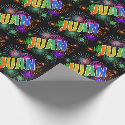 Papier Cadeau Prénom arc-en-ciel "JUAN" + feux d'artifice (Coin)