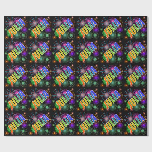 Papier Cadeau Prénom arc-en-ciel "JULIA" + Feu d'artifice (Plat)