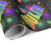 Papier Cadeau Prénom arc-en-ciel "JULIA" + Feu d'artifice (Coin rond)