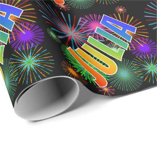 Papier Cadeau Prénom arc-en-ciel "JULIA" + Feu d'artifice (Coin rond)