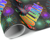 Papier Cadeau Prénom arc-en-ciel "JULIAN" + feux d'artifice (Coin rond)
