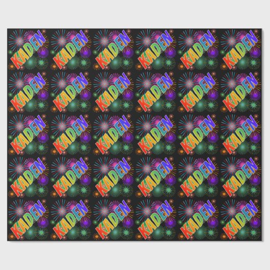 Papier Cadeau Prénom arc-en-ciel "KADEN" + Feu d'artifice (Plat)