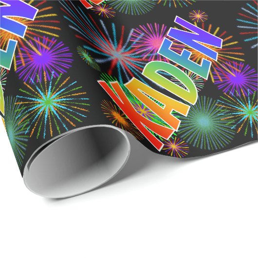 Papier Cadeau Prénom arc-en-ciel "KADEN" + Feu d'artifice (Coin rond)