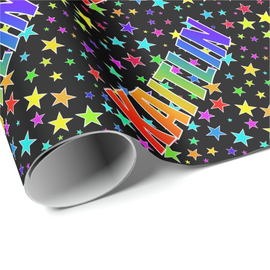 Papier Cadeau Prénom arc-en-ciel "KAITLIN" + Étoiles (Coin rond)