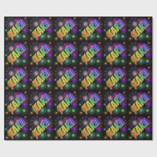 Papier Cadeau Prénom arc-en-ciel "KARA" + Feu d'artifice (Plat)