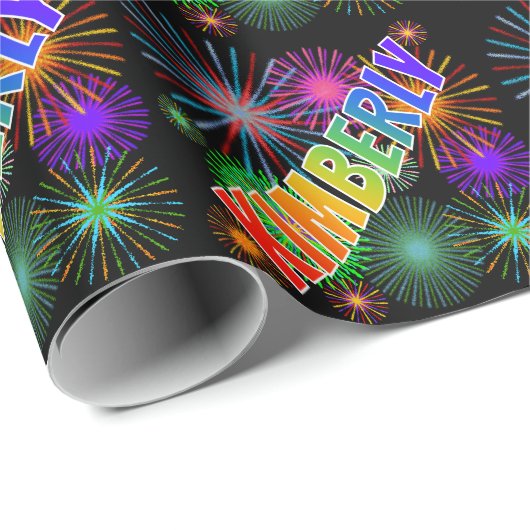 Papier Cadeau Prénom arc-en-ciel "KIMBERLY" + Feu d'artifice (Coin rond)
