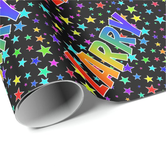 Papier Cadeau Prénom arc-en-ciel "LARRY" + Étoiles (Coin rond)