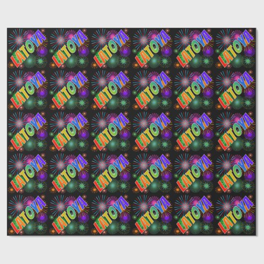 Papier Cadeau Prénom arc-en-ciel "LATOYA" + Feu d'artifice (Plat)