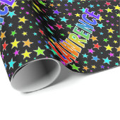 Papier Cadeau Prénom arc-en-ciel "LAWRENCE" + Étoiles (Coin rond)