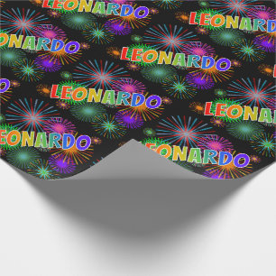 Papier Cadeau Prénom arc-en-ciel "LÉONARD" + Feux d'artifice