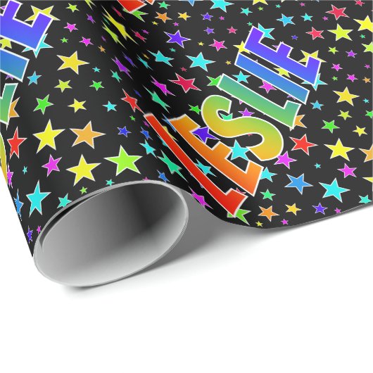 Papier Cadeau Prénom arc-en-ciel "LESLIE" + Étoiles (Coin rond)