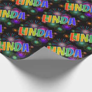 Papier Cadeau Prénom arc-en-ciel "LINDA" + feux d'artifice