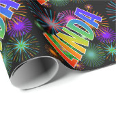 Papier Cadeau Prénom arc-en-ciel "LINDA" + feux d'artifice (Coin rond)
