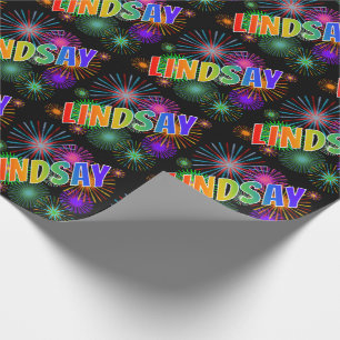 Papier Cadeau Prénom arc-en-ciel "LINDSAY" + Feux d'artifice