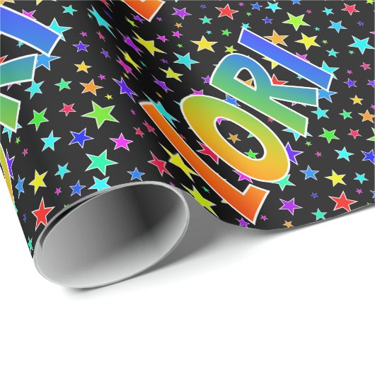 Papier Cadeau Prénom arc-en-ciel "LORI" + Étoiles (Coin rond)