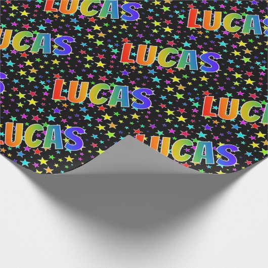 Papier Cadeau Prénom arc-en-ciel "LUCAS" + étoiles (Coin)