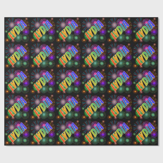 Papier Cadeau Prénom arc-en-ciel "LYDIA" + Feu d'artifice (Plat)