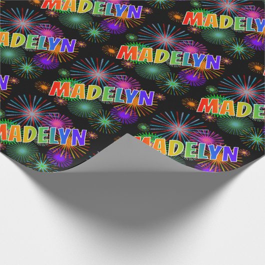 Papier Cadeau Prénom Arc-en-ciel "MADELYN" + Feu d'artifice (Coin)
