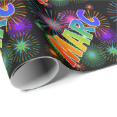 Papier Cadeau Prénom arc-en-ciel "MARC" + feux d'artifice (Coin rond)