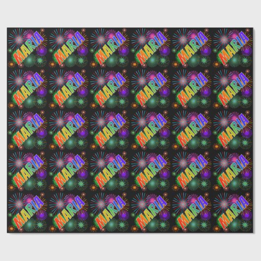 Papier Cadeau Prénom arc-en-ciel "MARIA" + feux d'artifice (Plat)