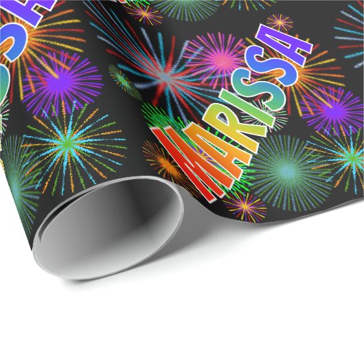 Papier Cadeau Prénom arc-en-ciel "MARISSA" + feux d'artifice (Coin rond)