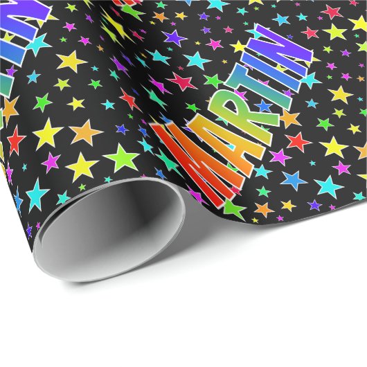 Papier Cadeau Prénom Arc-en-ciel "MARTIN" + Étoiles (Coin rond)
