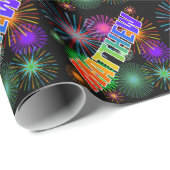 Papier Cadeau Prénom arc-en-ciel "MATTHEW" + Fireworks (Coin rond)