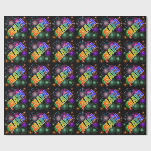 Papier Cadeau Prénom Arc-en-ciel "MAYA" + Feu d'artifice (Plat)