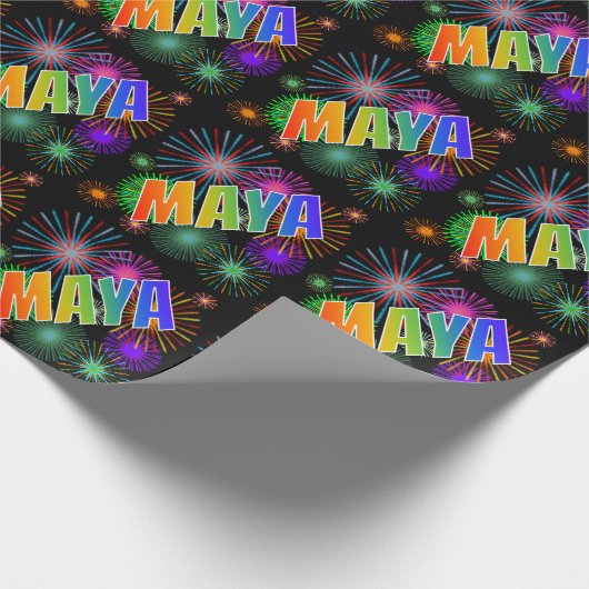 Papier Cadeau Prénom Arc-en-ciel "MAYA" + Feu d'artifice (Coin)