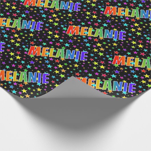 Papier Cadeau Prénom arc-en-ciel "MELANIE" + Étoiles (Coin)
