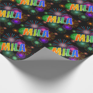 Papier Cadeau Prénom arc-en-ciel "MILA" + Feux d'artifice