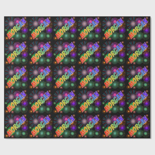 Papier Cadeau Prénom Arc-en-ciel "MORGAN" + Feu d'artifice (Plat)