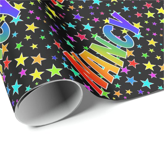 Papier Cadeau Prénom Arc-en-ciel "NANCY" + Étoiles (Coin rond)