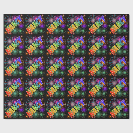 Papier Cadeau Prénom Arc-en-ciel "NANCY" + Feu d'artifice (Plat)