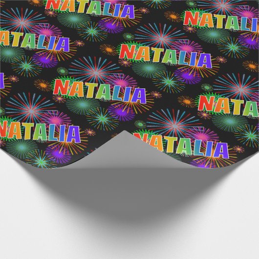 Papier Cadeau Prénom arc-en-ciel "NATALIA" + Feu d'artifice (Coin)