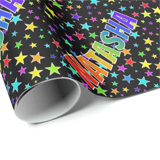 Papier Cadeau Prénom arc-en-ciel "NATASHA" + Étoiles (Coin rond)