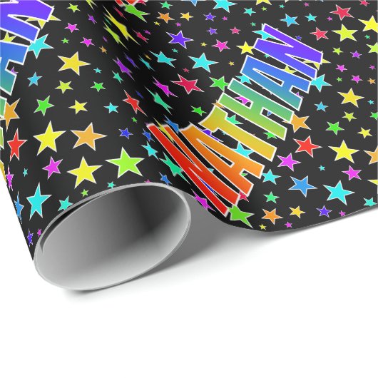 Papier Cadeau Prénom arc-en-ciel "NATHAN" + Étoiles (Coin rond)
