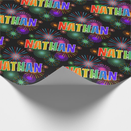Papier Cadeau Prénom arc-en-ciel "NATHAN" + Feu d'artifice (Coin)