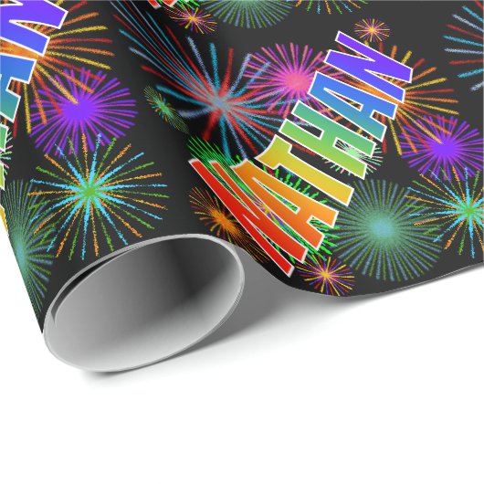 Papier Cadeau Prénom arc-en-ciel "NATHAN" + Feu d'artifice (Coin rond)